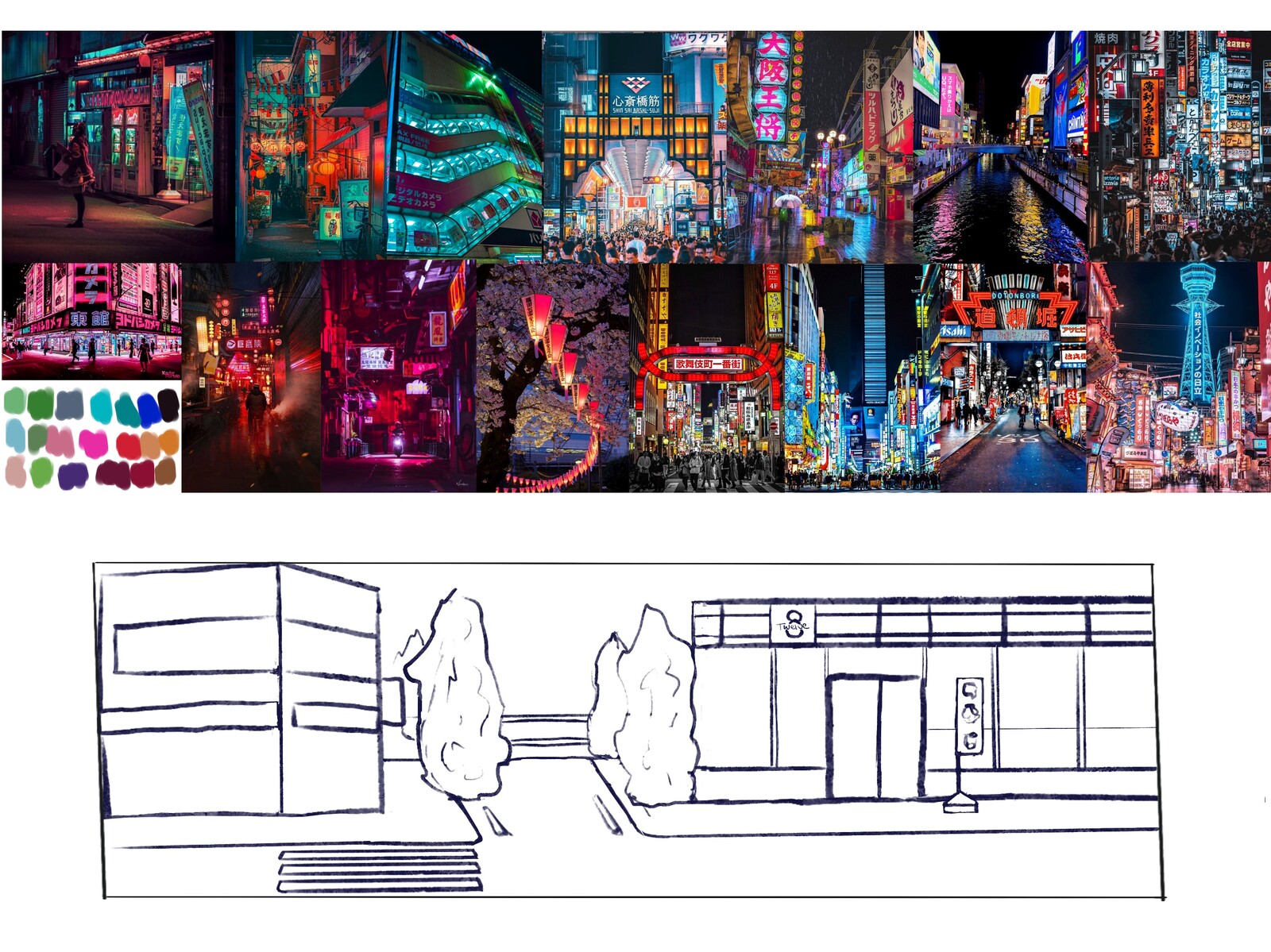 To start off, I created rough concepts for the side-scrolling environment that the game would take place in. I gathered many references that I felt suited the neon-light city aesthetic we wanted. 