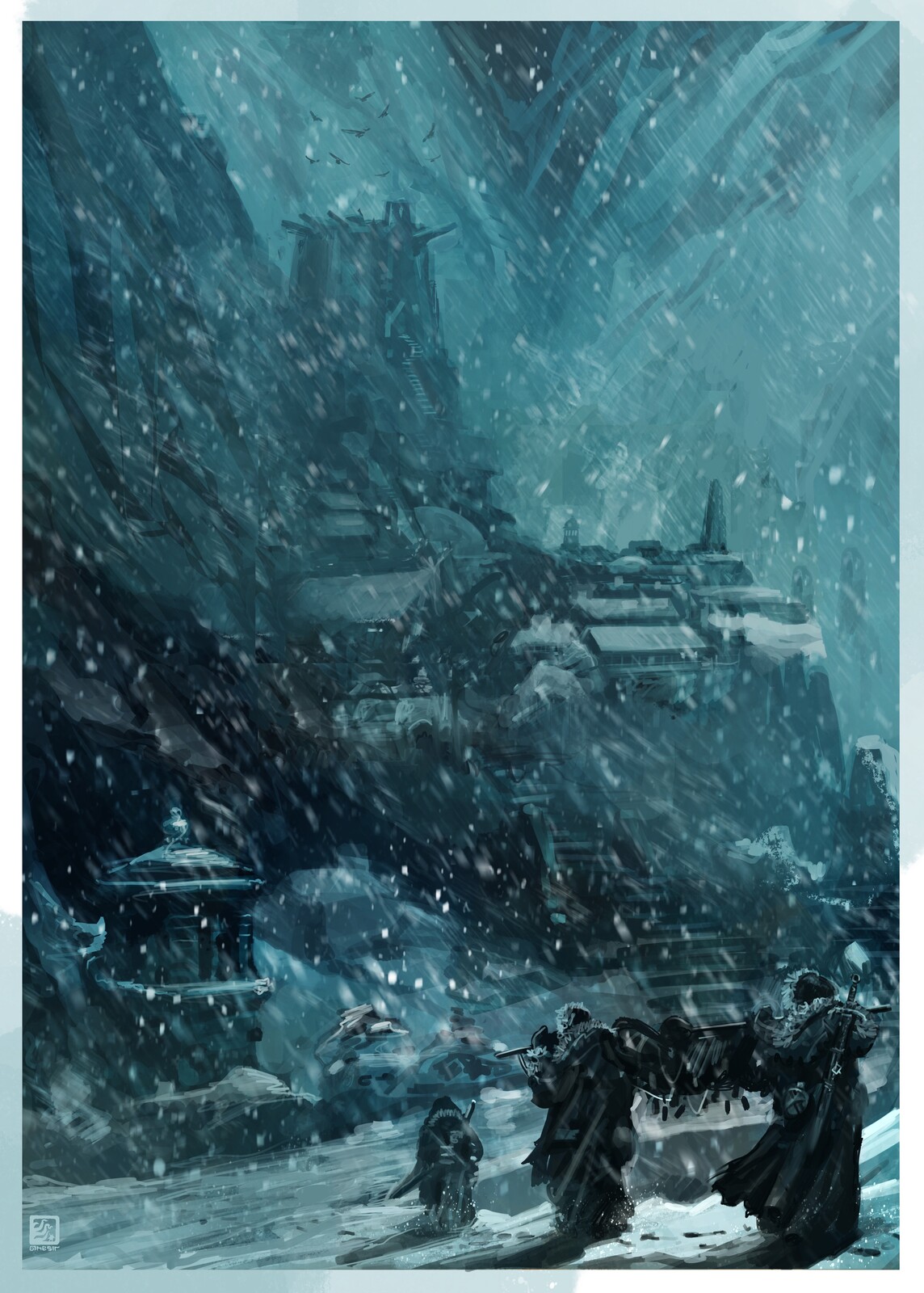 The principle setting of Jhator, showing adventurers heading towards it in a blizzard.