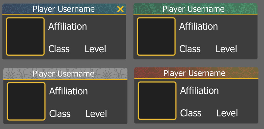 Character Frame UI, once again using the different coven colour schemes to identify to the player each character's affiliation. The Coven Symbols are also subtly incorporated in the top tab area. 