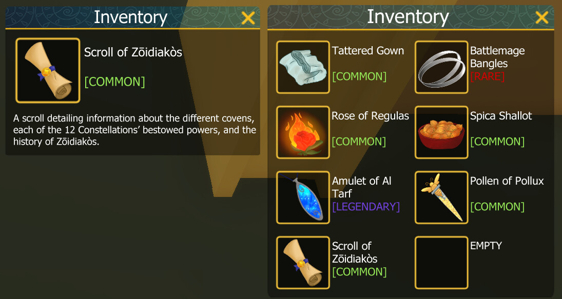 Scroll of Zōidiakòs Item with description written by myself, as it would appear in game.