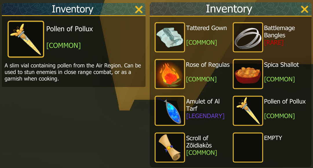 Pollen of Pollux Item with description written by myself, as it would appear in game.