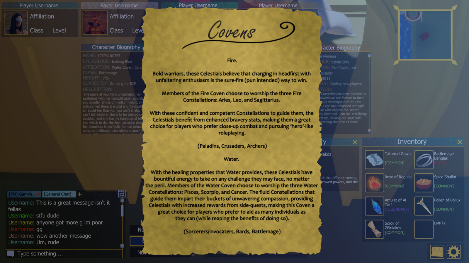 Scroll pop-up that would appear when the player clicks on the Scroll of Zōidiakòs icon. This features all the lore I wrote for the game to elaborate on the context for all players who are interested. 