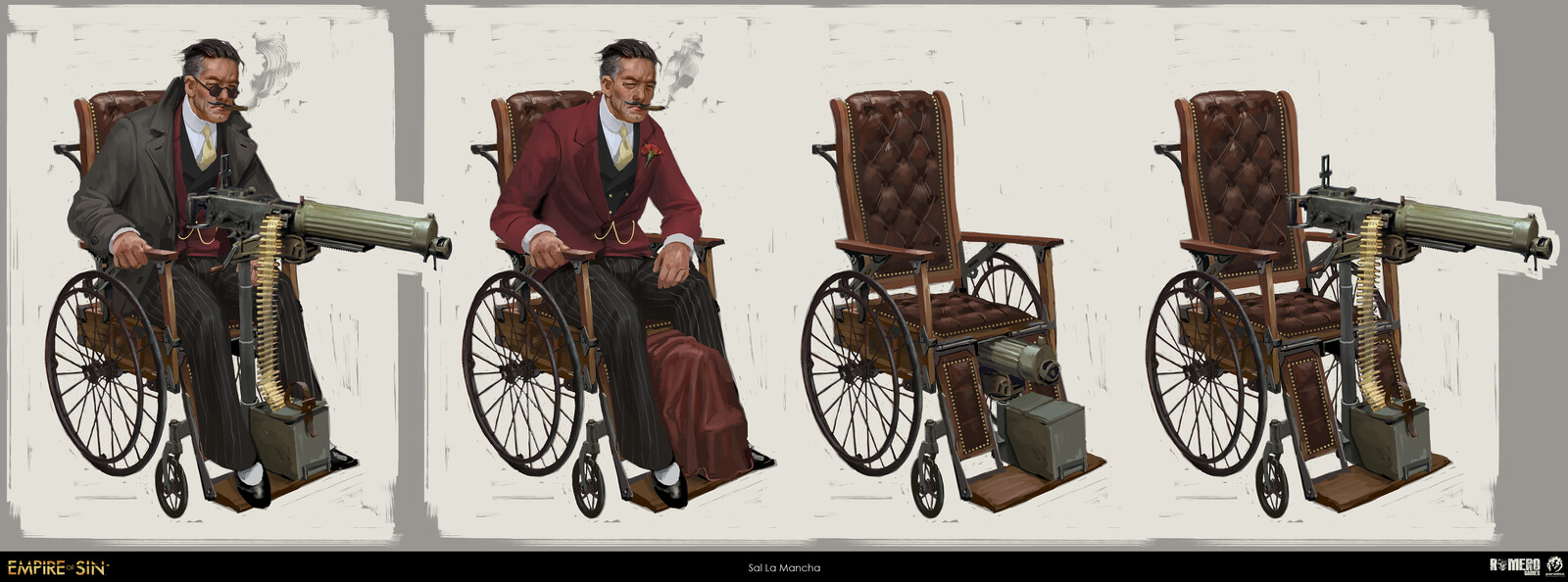 Early concept art ideas for Sal La Mancha. He eventually became our lovely tutorial character, but I do love the ideas that were explored here.