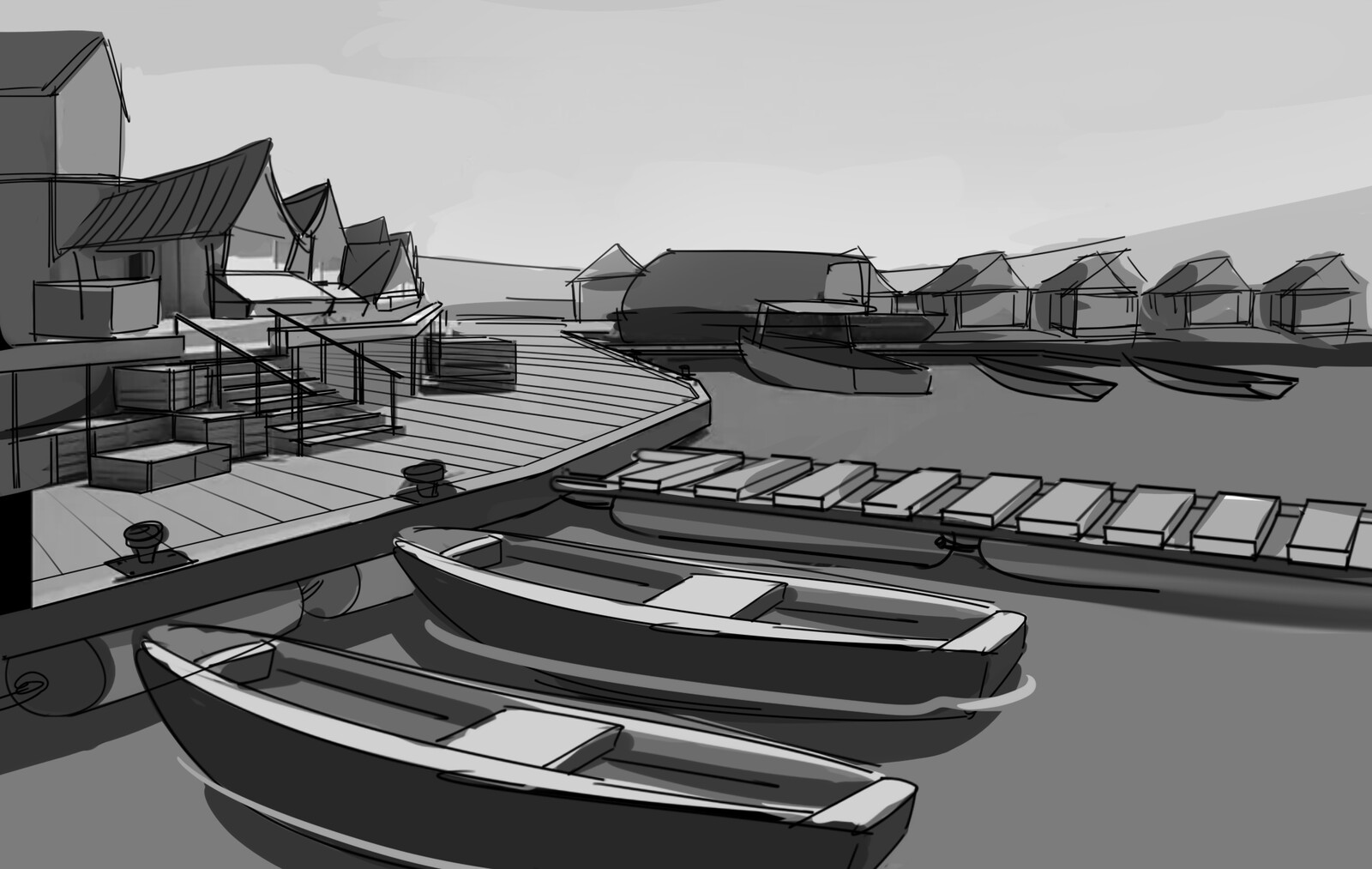 Concept art - Market area
The communities survive by:
-Trading
-Growing food in the waters - algae and kelp is used for many things
-Fishing for hardy crustaceans that thrive in the junk filled waters