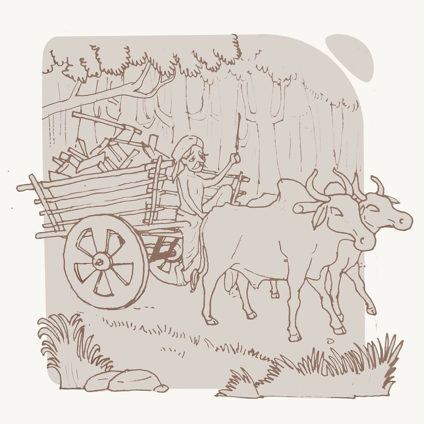 Asian Japanese pencil framed drawing Farming Ox cattle cart rice fields |  eBay