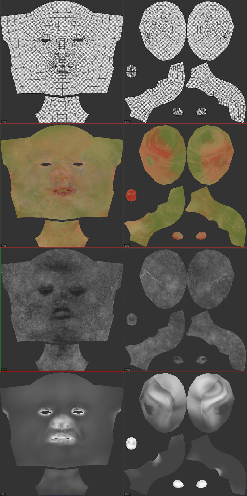 1: UV MAP
2: Colors Map
3: Roughness Map
4: SSS Map