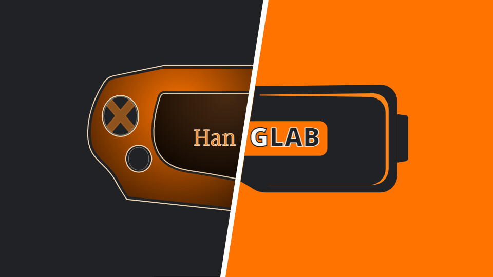 Concept 1 - version 2: Modern game console on the left with VR headset on the right with the Hanze UAS color scheme. This is to portray technologies used in Game Lab.