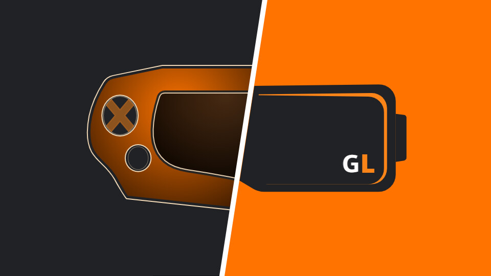 Concept 1 - version 2: Modern game console on the left with VR headset on the right with the Hanze UAS color scheme. This is to portray technologies used in Game Lab.