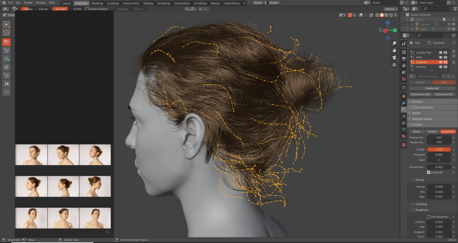 for the hairwork, I divided it into 4 primary groups.
main to cover majority of the scalp
flyaways to add imperfection to the hair style
hairline to smooth out transition between hair and the forehead
and one for the knot which is only guided by 1 parent.