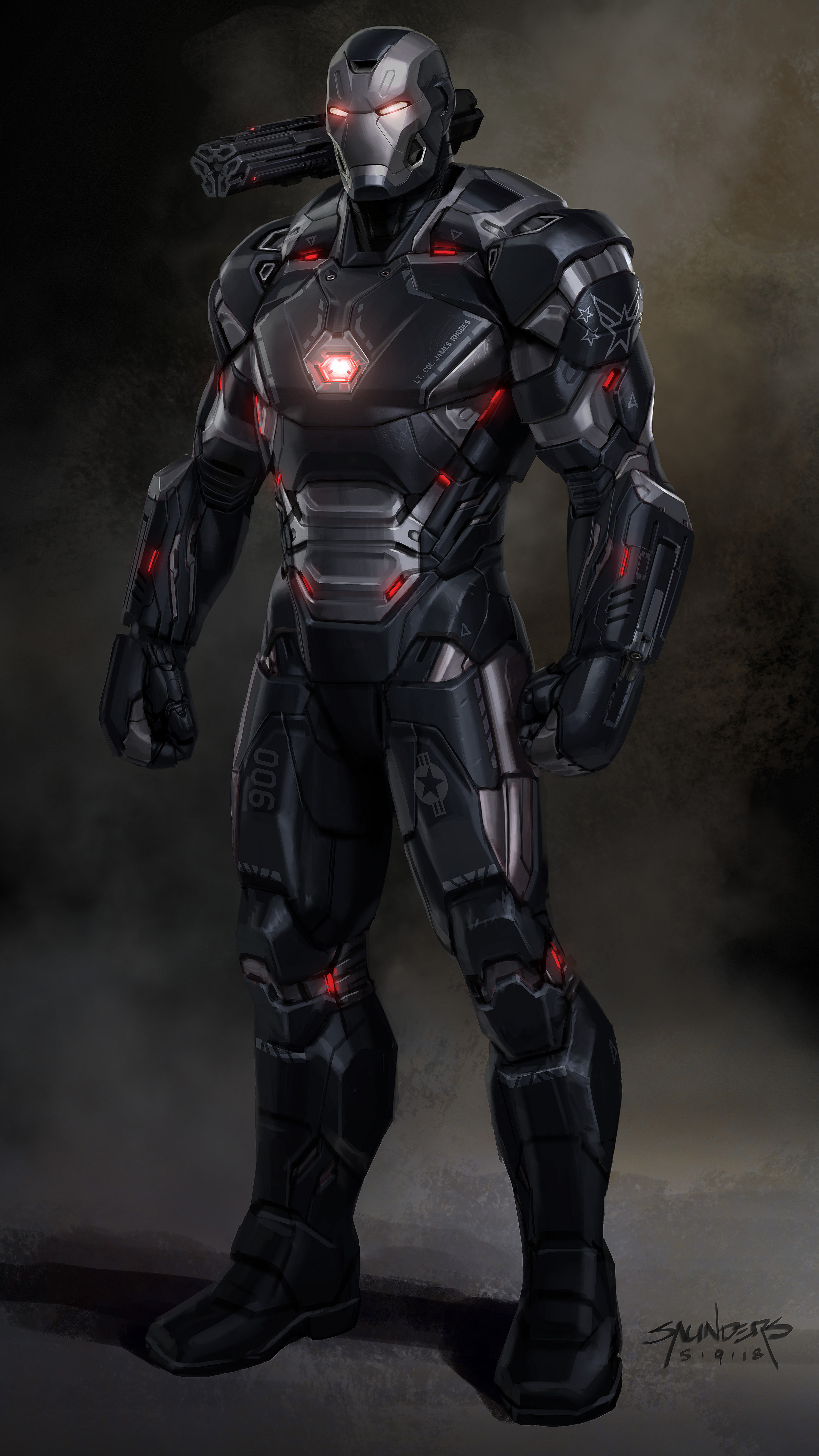 Given the lack of time, I searched for earlier work I could quickly adapt. One of my alternate designs for Iron Man Mk 46 had very War Machine-like forms, so I reworked it into this proposal. 