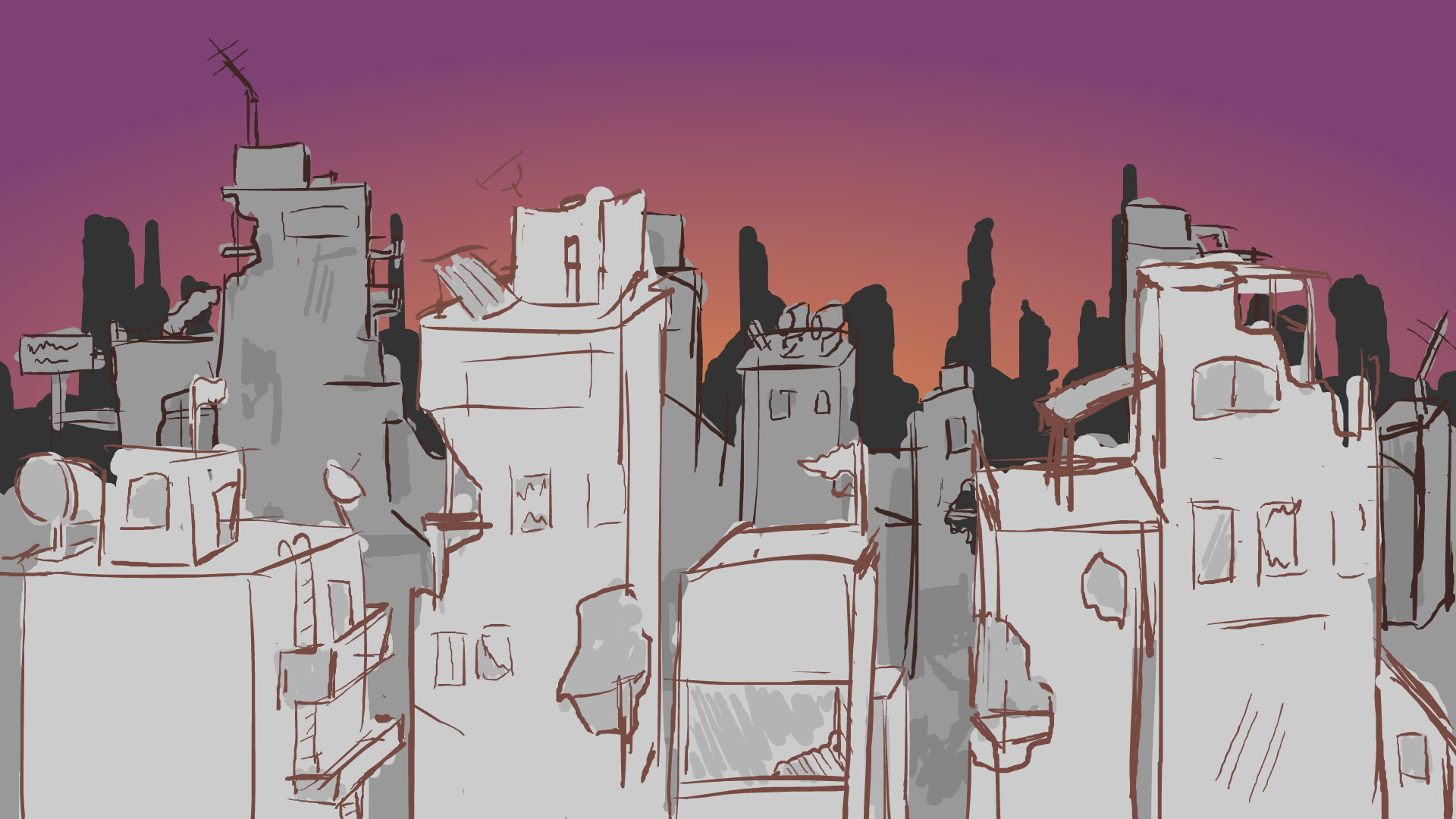 ruined city drawing
