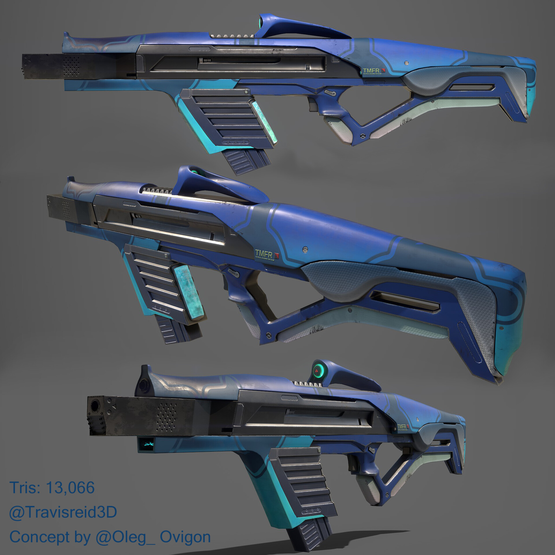 futuristic rifle with a semi-sleek design and a blue color