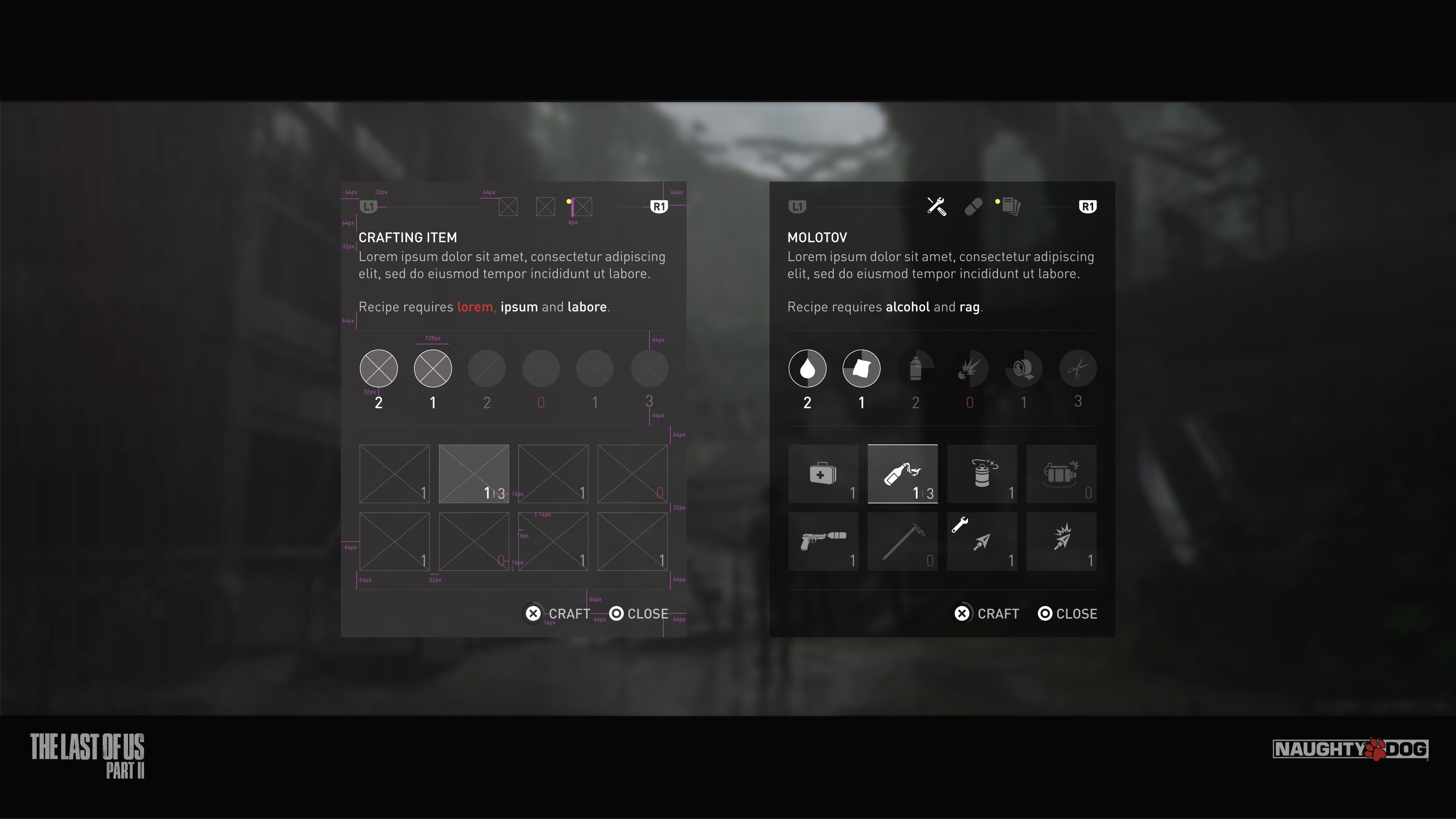 The Last of Us: Part II - Crafting Menu: Wireframe and Final art