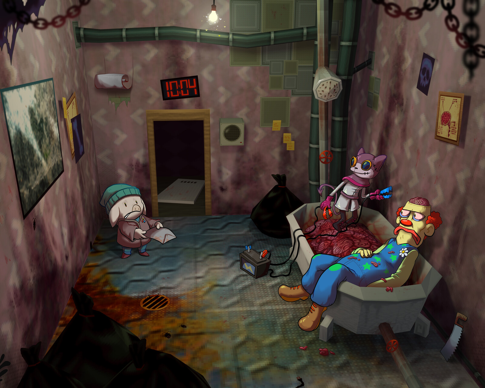 saskia visits dr.slakt who is in the middle of a science experiment
science most foul