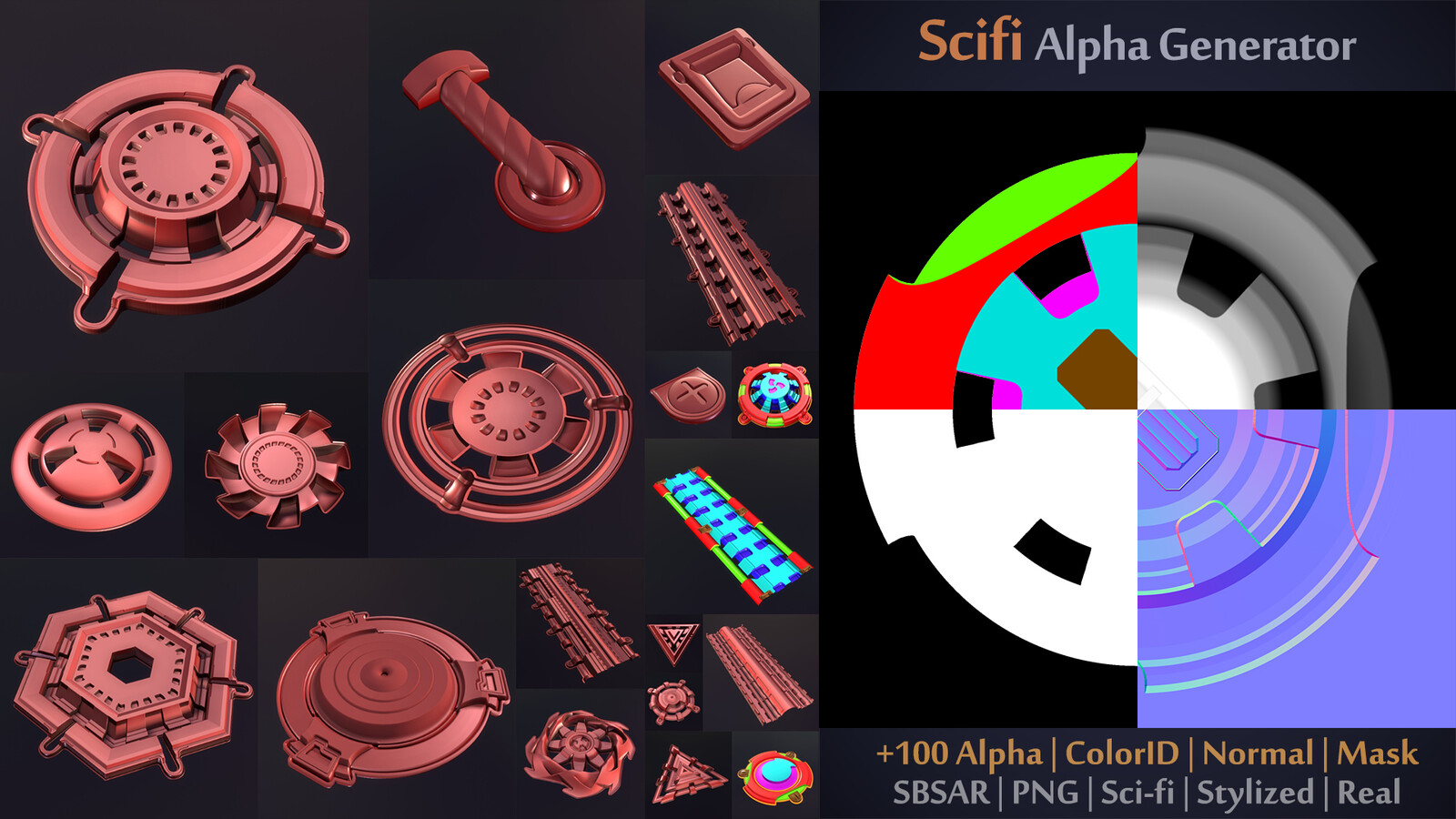 Unique Scifi Alpha Generator | SBSAR + 100 Ready output | Alpha + ColorID + Normal + Mask