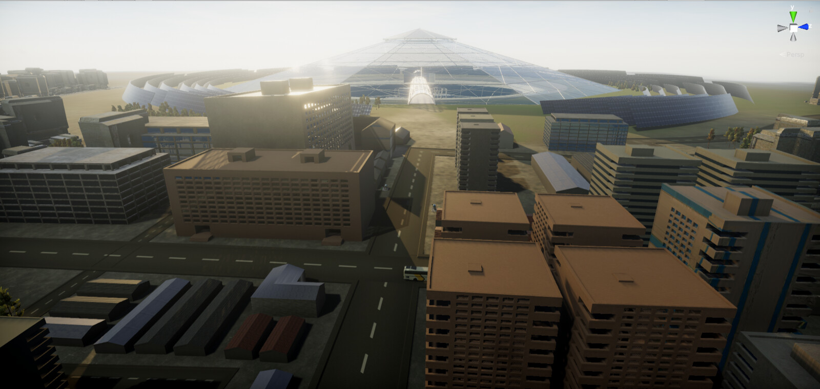 The buildings and streets outside the mine area - Unity screenshot