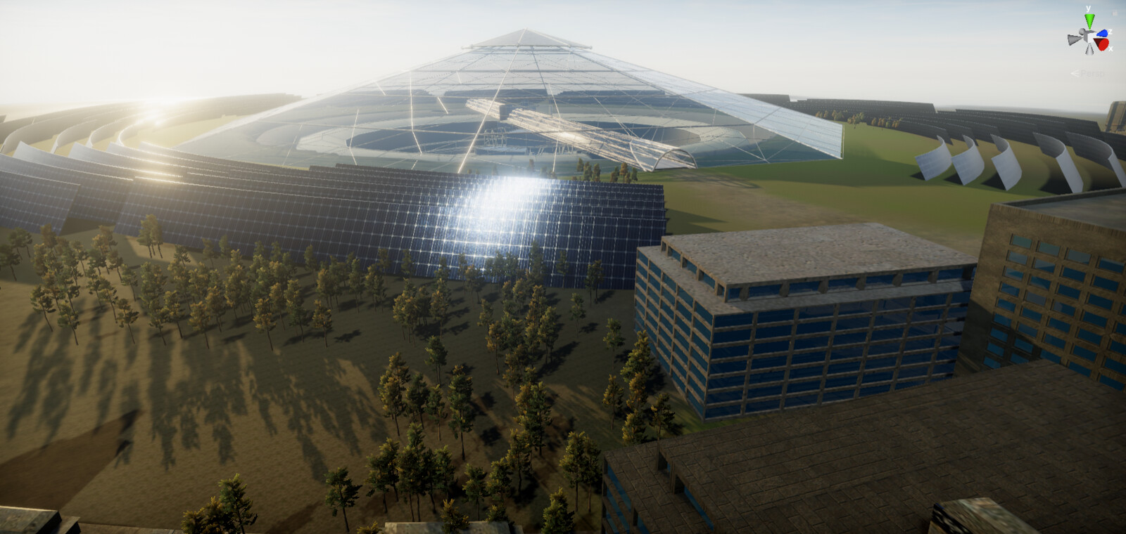 The dome structure over the mine surrounded by solar panels and a forest - Unity screenshot