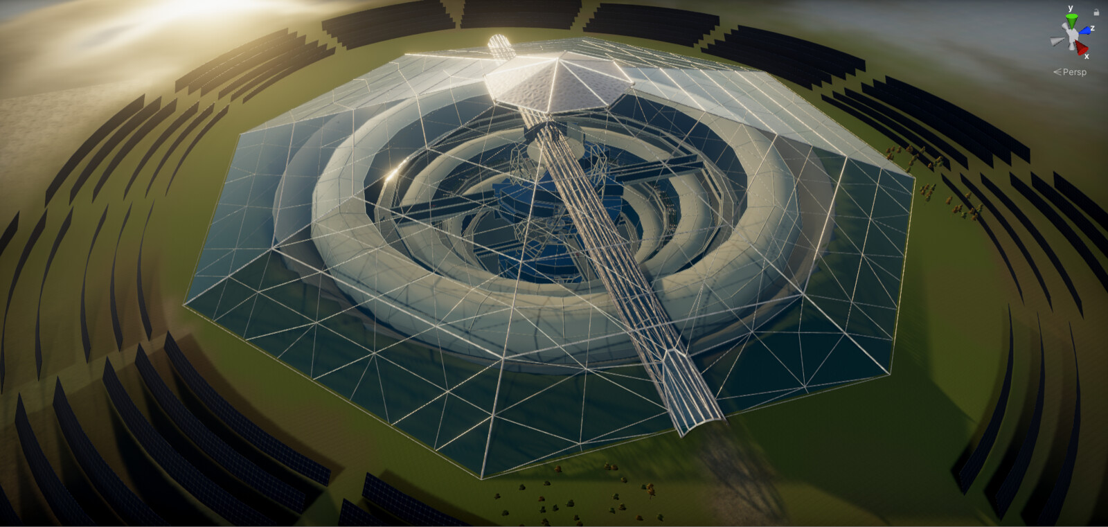 Looking down into the mine through the dome with the solar panel array surrounding it - Unity screenshot