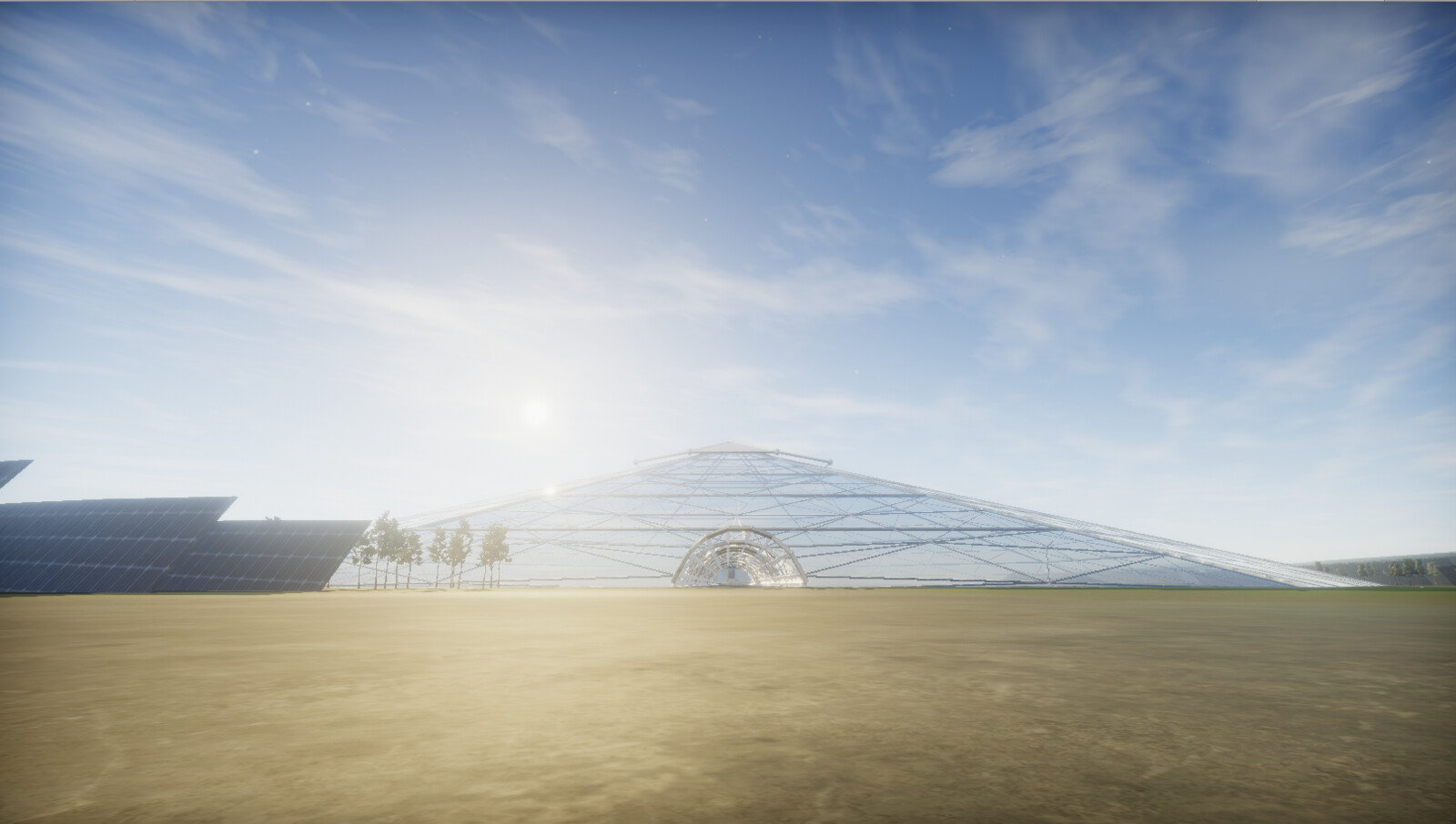 Perspective of the outside of the dome and entrance to the mine - Unity screenshot.