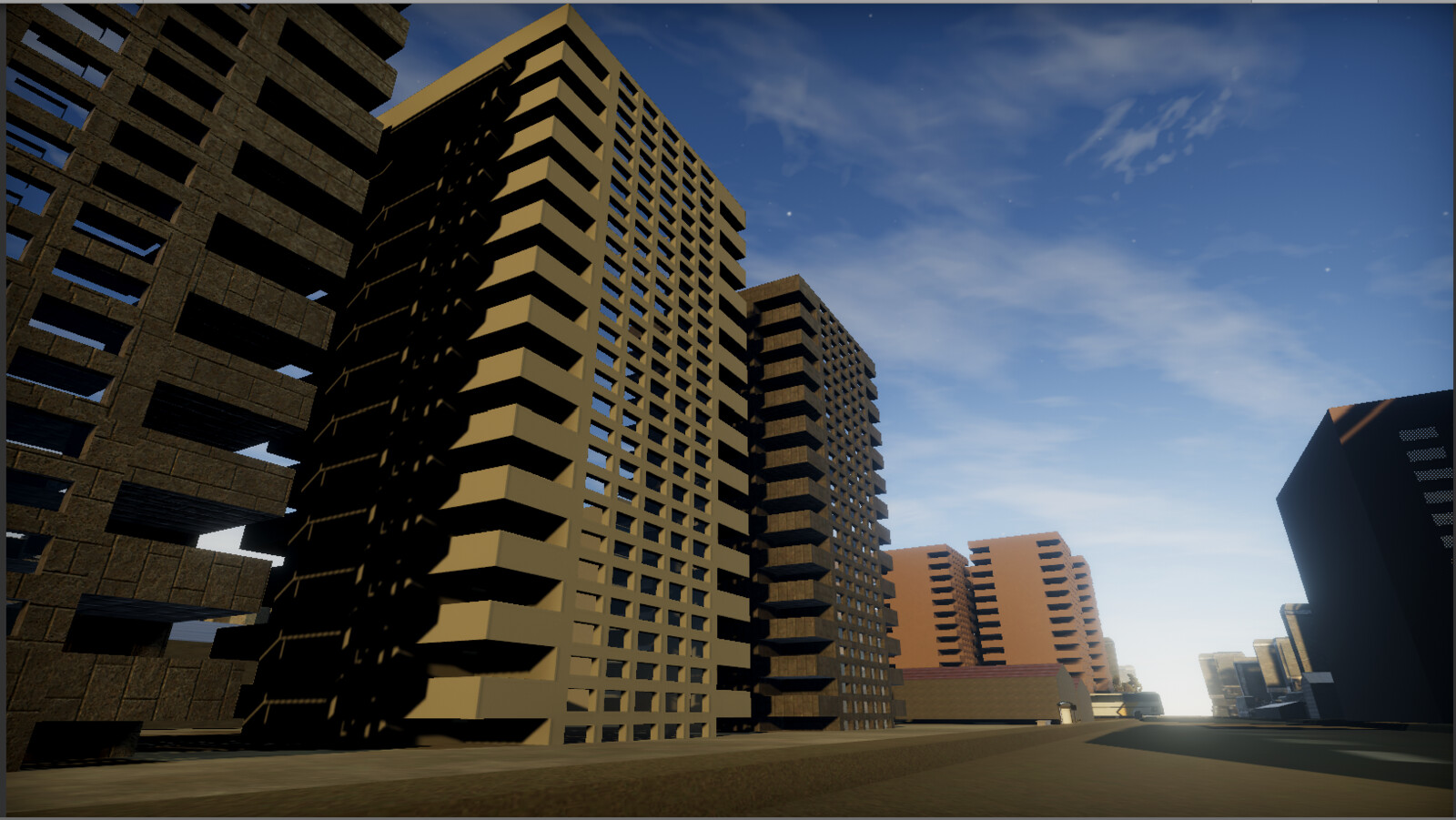 View from the streets of sme of the buildings in the city area -Unity screenshot.