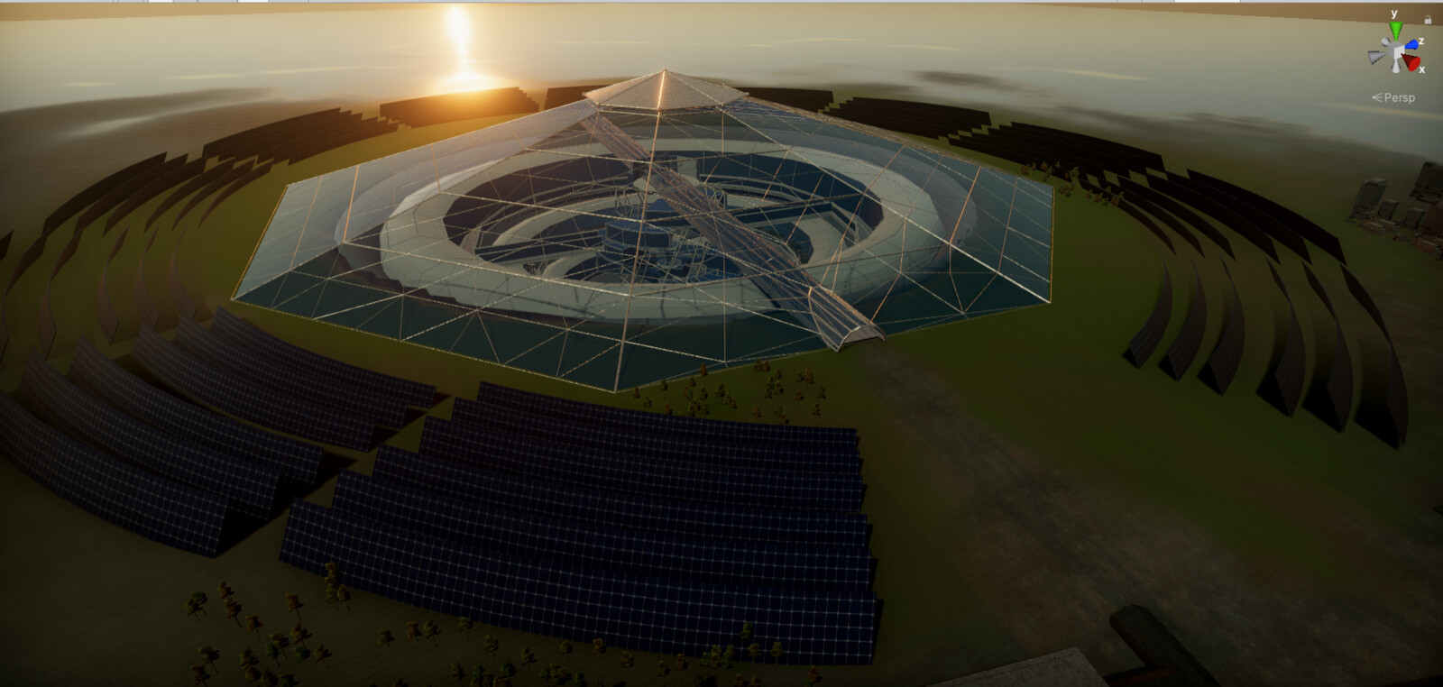 The dome and surrounding solar panels -Unity screenshot