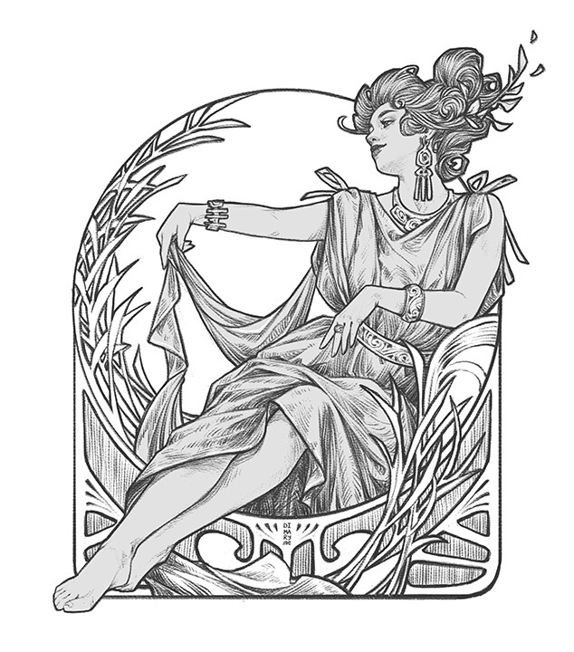 その他 The New Age of Feminine Drawing Goddess, Mythology, Portrait, Art Nouveau, Coloring Page
