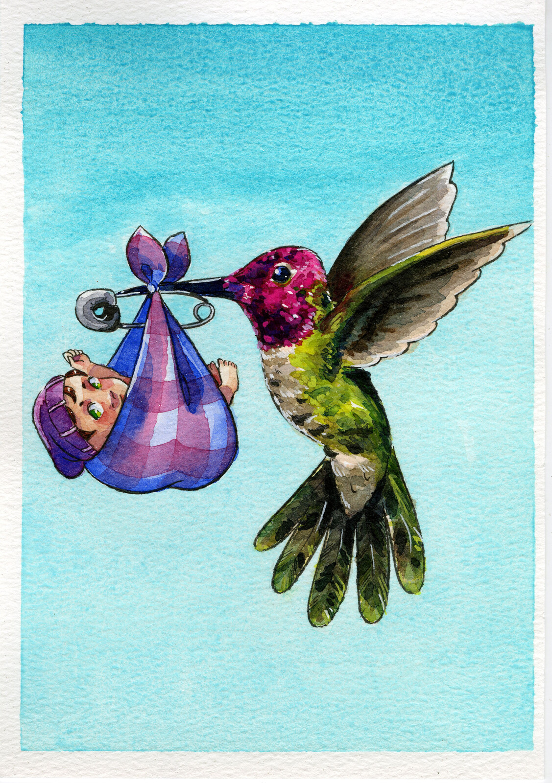 Watercolor illustration of a hummingbird delivering a newbory Lilliputian.  Painted on Paul Rubens Iridescent watercolor paper with Paul Rubens Paints.