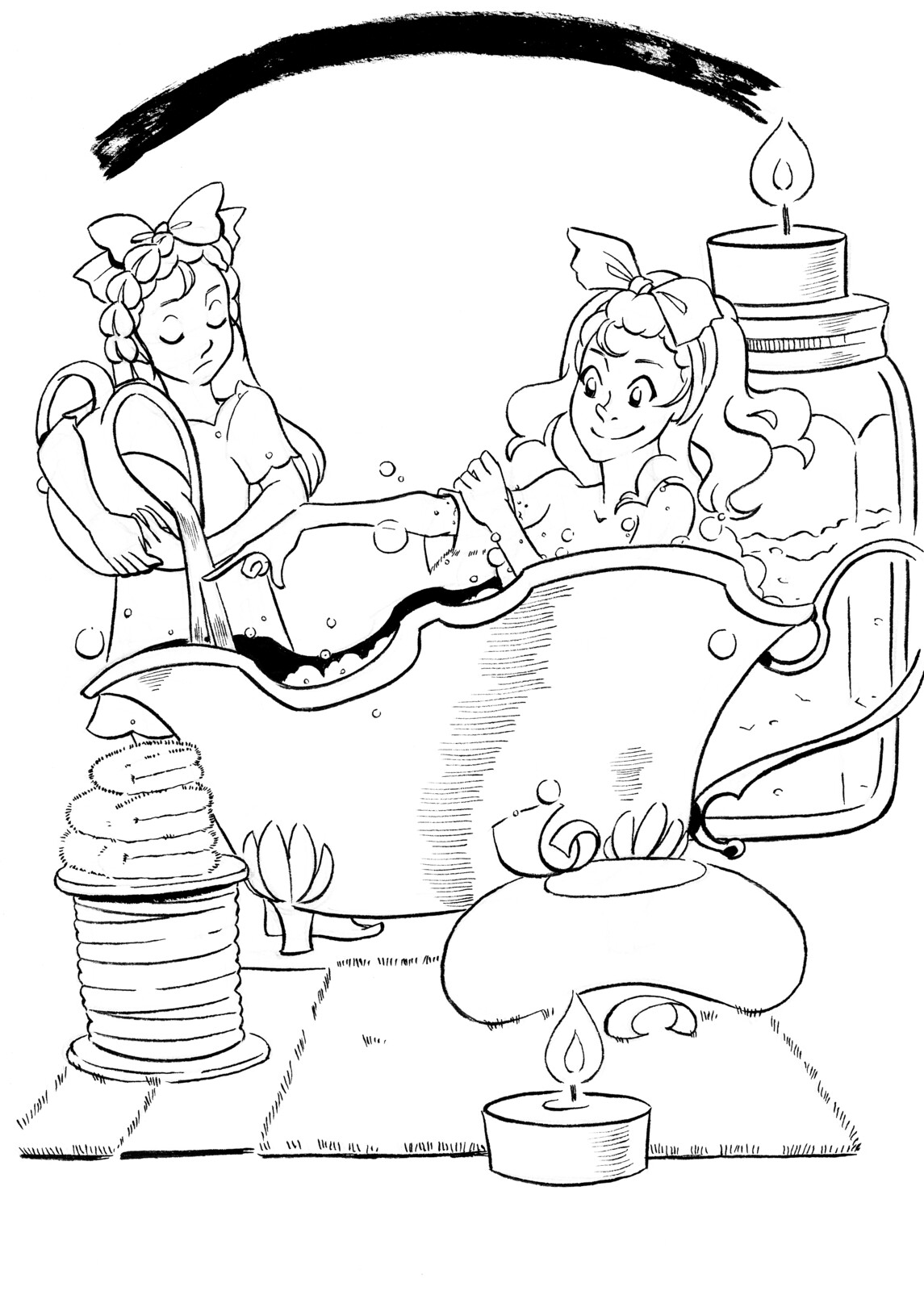 Inked illustration from Lilliputian Living Volume 4 of a Lilliputian enjoying a bath in a silver gravy boat.