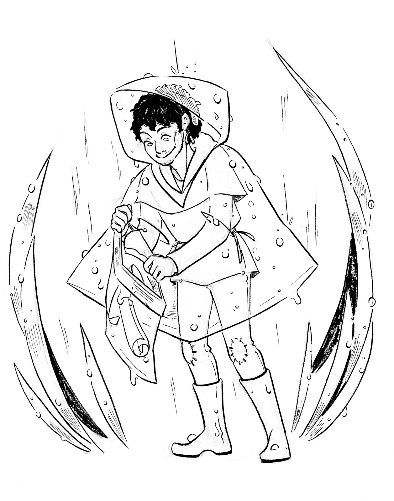 Inked illustration of a Messenger wearing a sandwich bag raincoat to protect him from the weather, and to keep his deliveries safe.