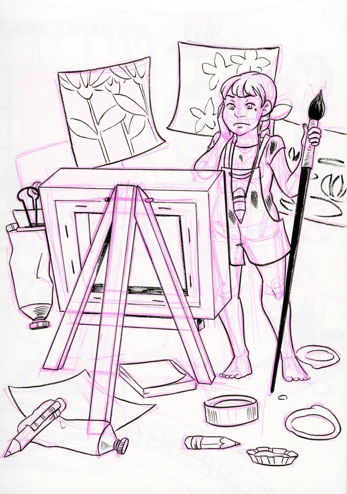 Inked illustration of an artist in her studio. This was part of Lilliputian Living 2020, a 31 day collection of tiny people prompts.  Inked in a Strathmore Mixed Media Visual Journal with a Sakura Pigma FB and Pentel Pigment Brushpen. 