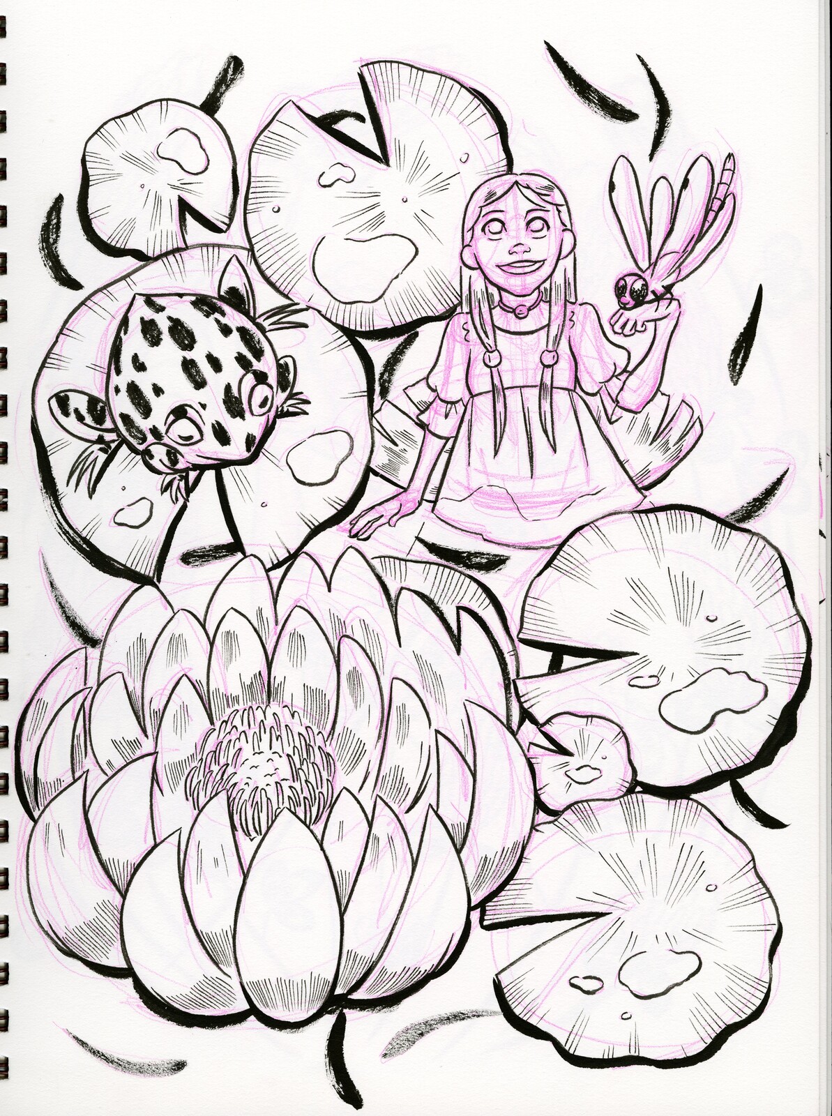 Inked illustration of a girl standing amongst the waterlilies.  This was part of Lilliputian Living 2019, a 31 day collection of tiny people prompts.  Inked in a Strathmore Mixed Media Visual Journal with a Sakura Pigma FB and Pentel Pigment Brushpen. 