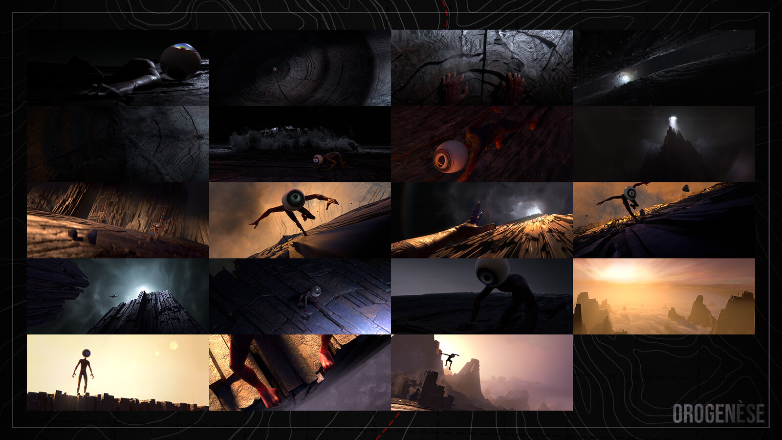 Thumbnails detailing all the environments I have to create. The matte paintings were all made by Axel, and the Lead Lighting was Roland.