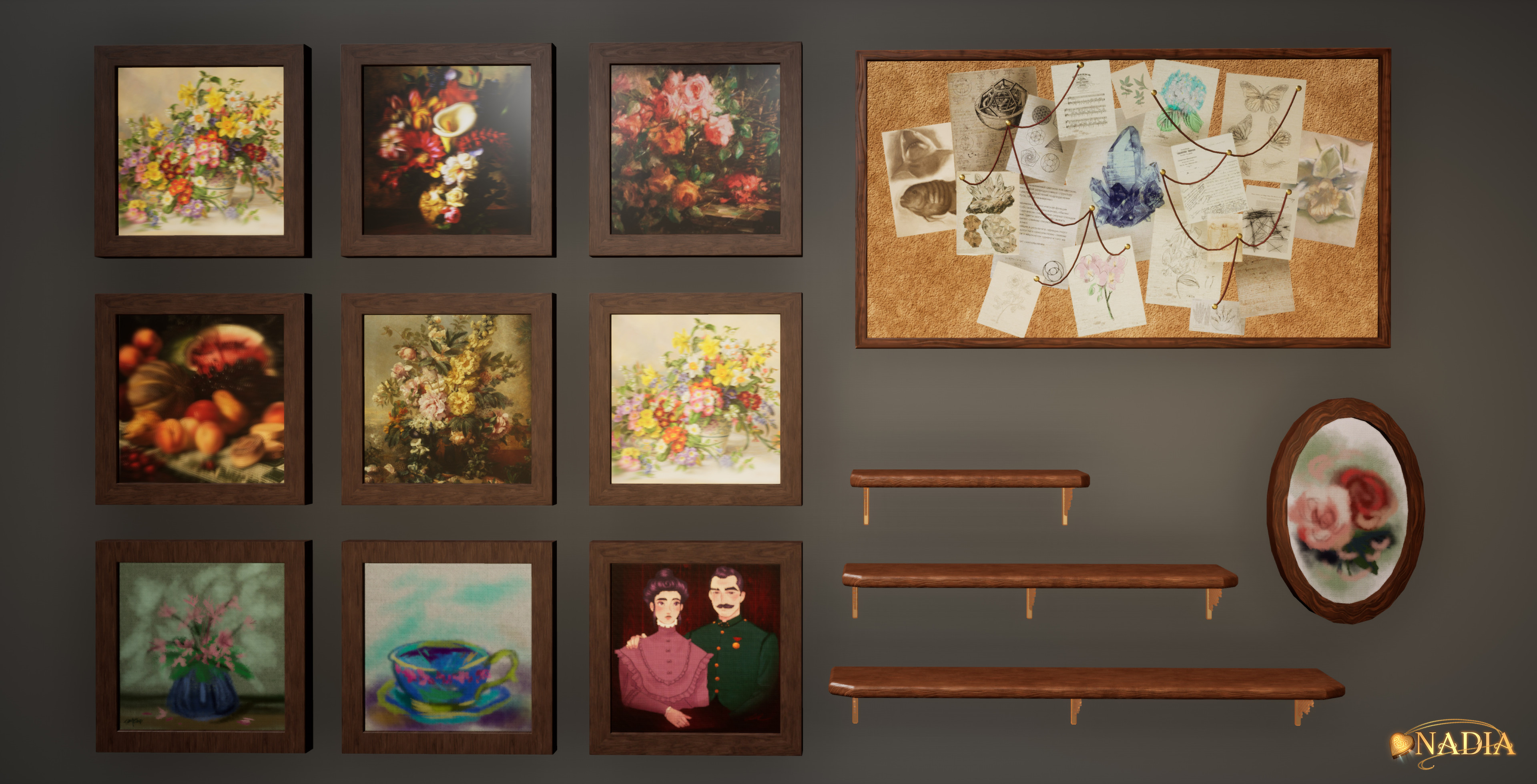Shelf Units, Artwork, and Papers on Board. 
(Corkboard done by Nick Panichelli and Illustration of Family done by Lexie Rueve). 