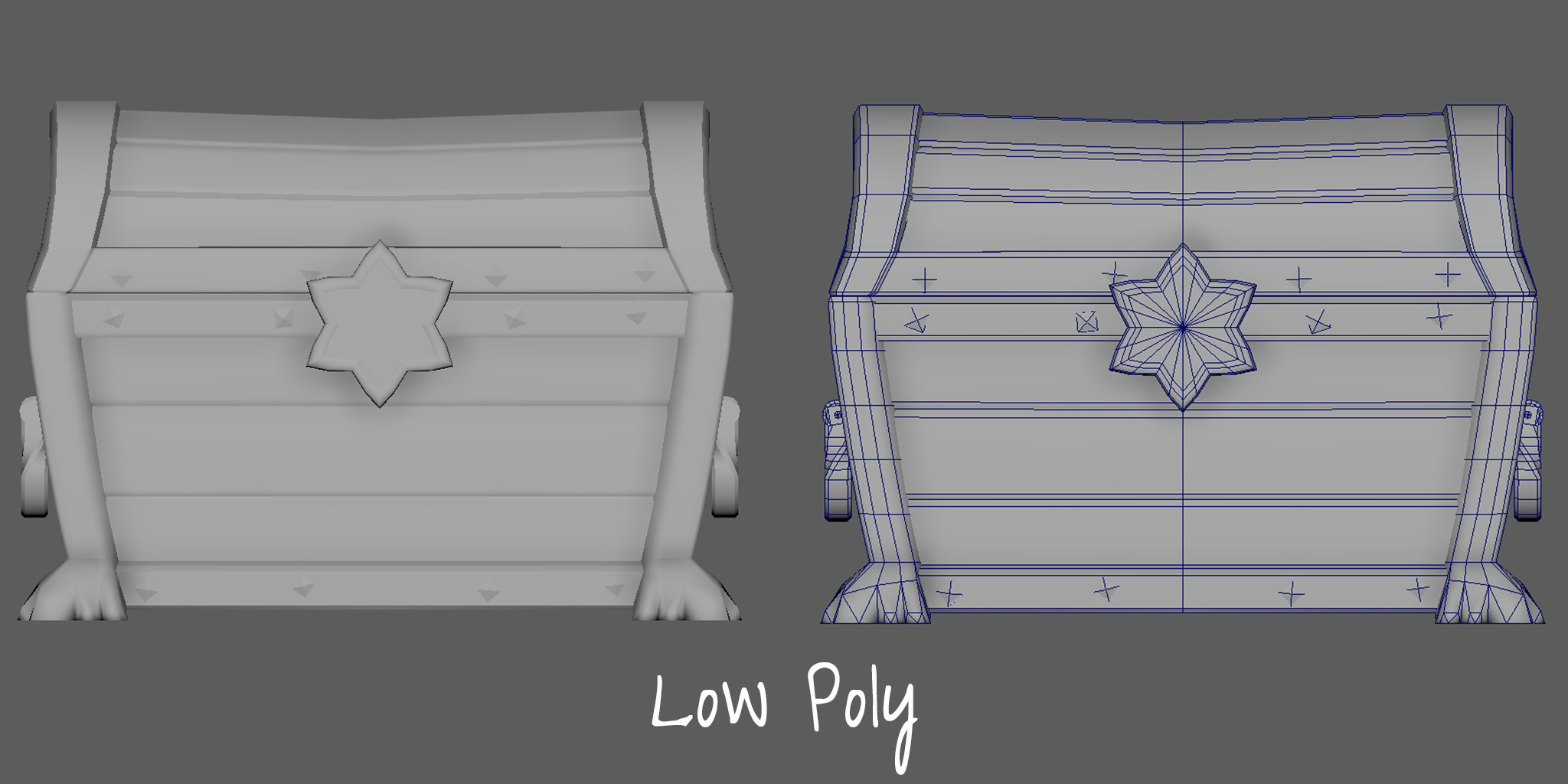 An example of my workflow, featuring my favorite prop from the scene. Low poly blockout and wireframe, in Maya.