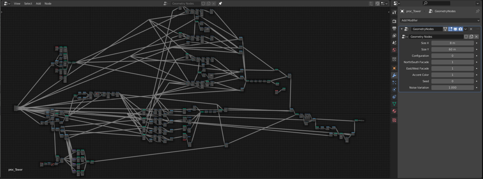 Snapshot of the network and controls using Blender's geometry nodes.