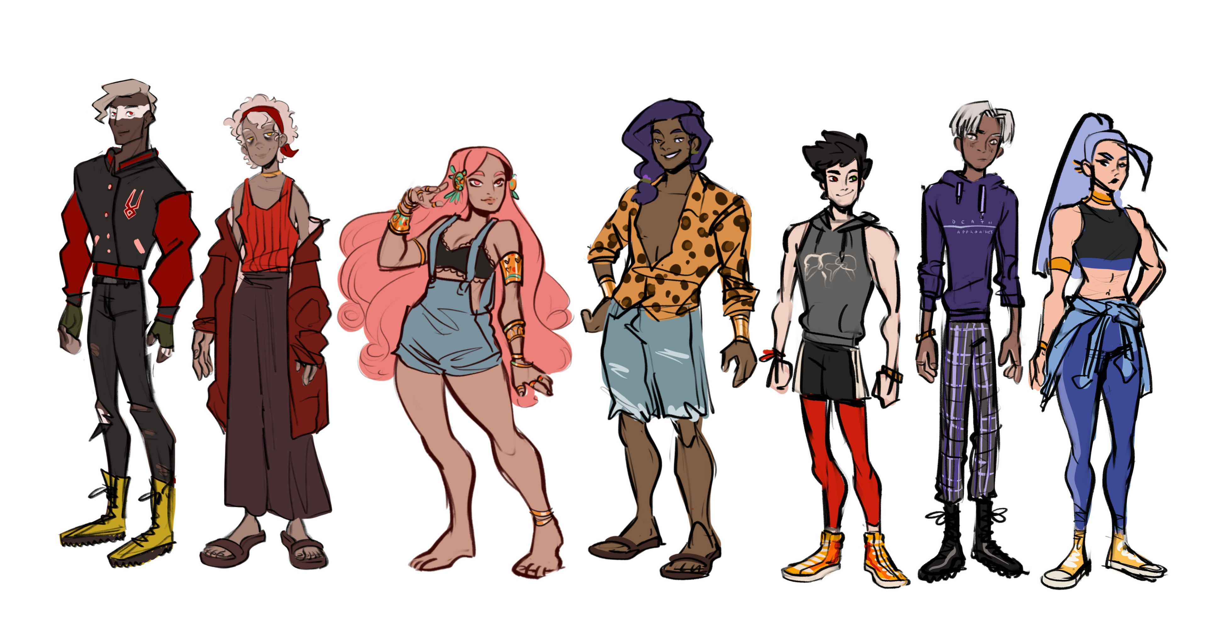The line up for some of the characters who would appear in the comic, I ended up showing Artemis as well, but I had to make her design on the go since it was a last minute decision.