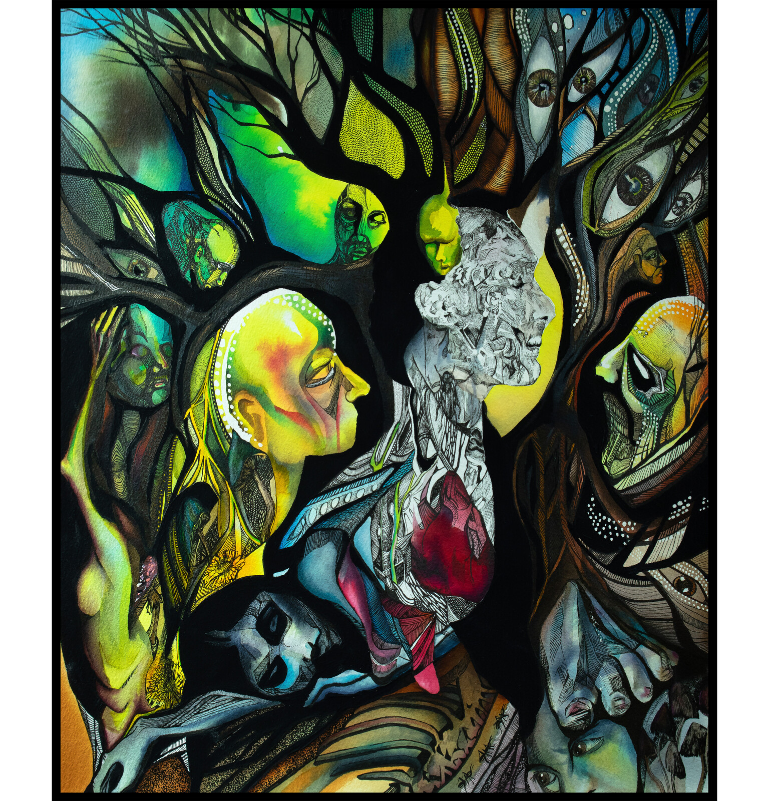 The image is an original illustration inspired by the surrealist painter, Pavel Tchelitchew and his masterpiece, Hide and Seek.
