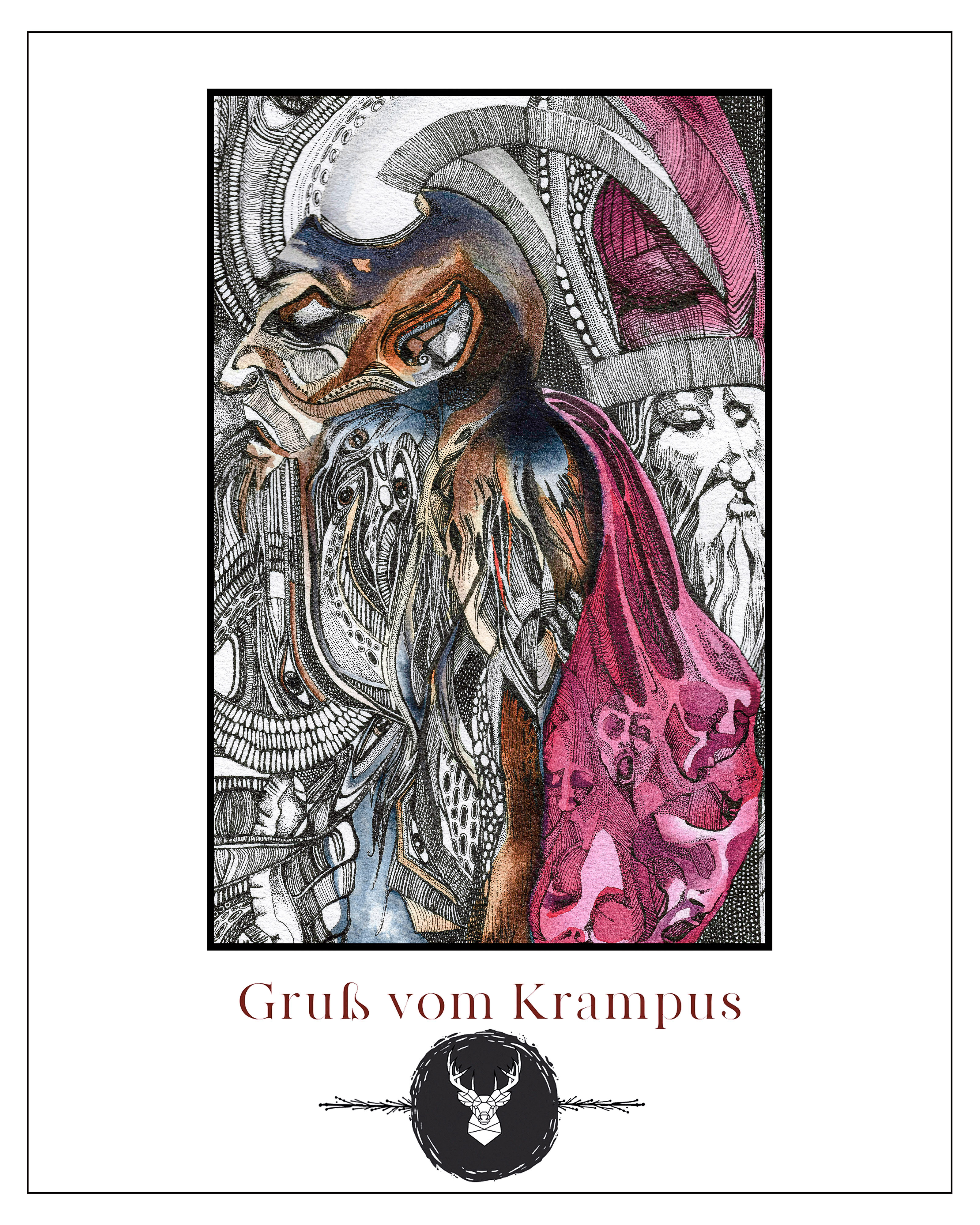 Gruß vom Krampus, pen and watercolor
