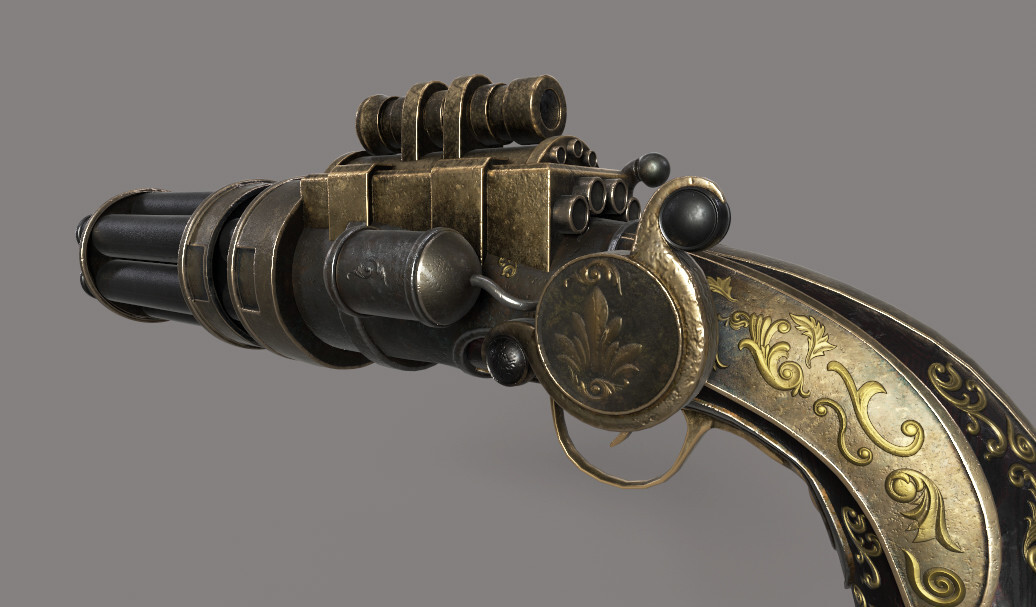 Steampunk Style Pistol
Maya
Zbrush
Substance Painter
Knald
Photoshop
Marmoset Toolbag 3