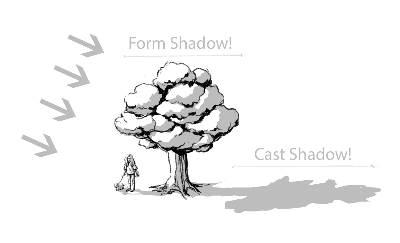 'The first is the Form shadow, a shadow that wraps around the object/character/building on the un-lit side. A cast shadow is a shadow that any of the aforementioned subjects cast onto the ground.'