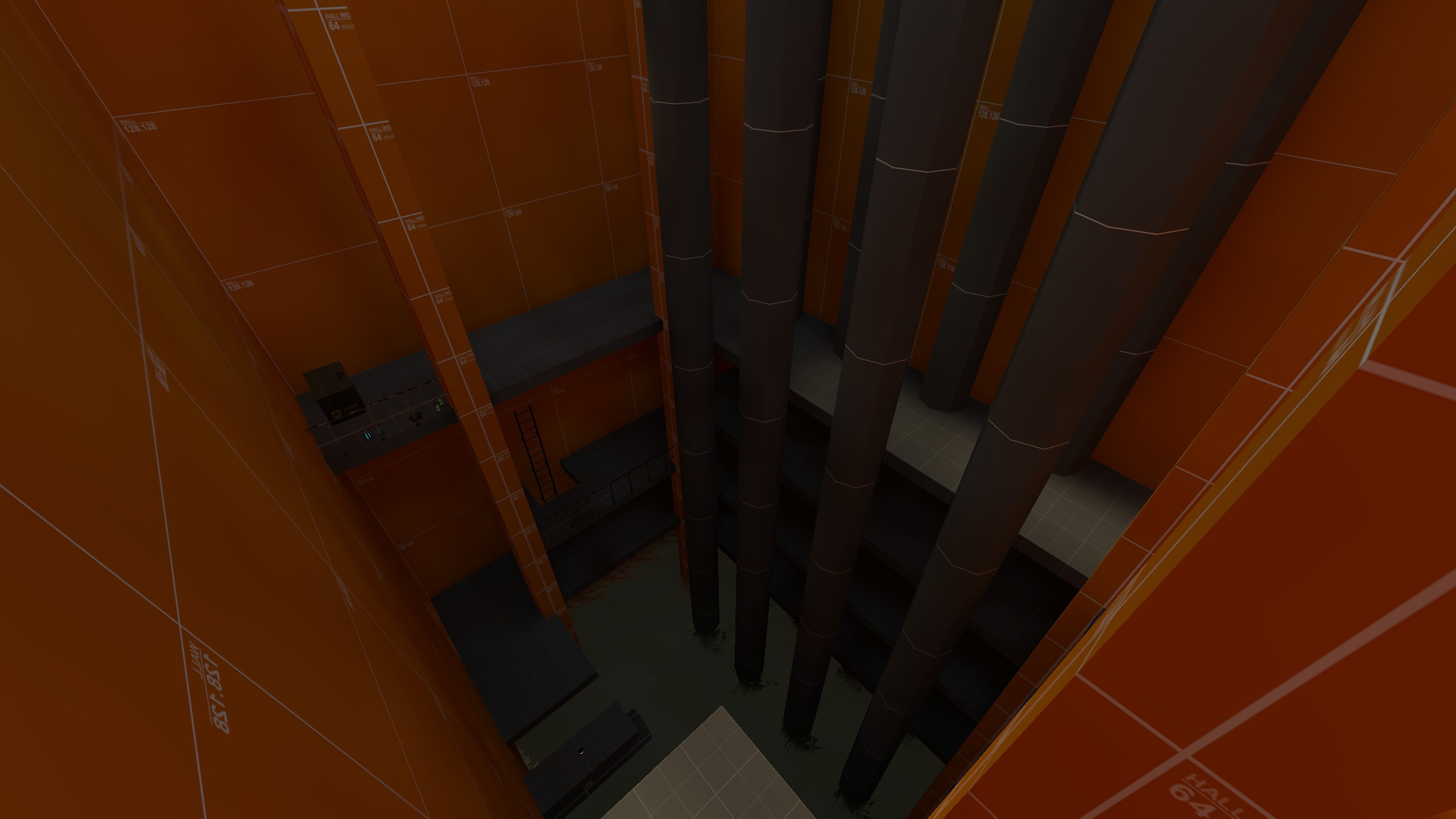 A blockout screenshot of the drainage tunnel. This is the upper portion looking towards the bottom level.