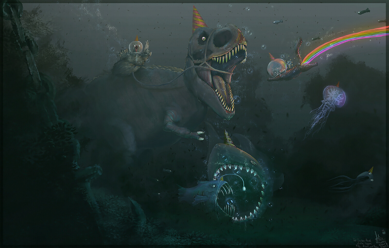 A painting of my friends as their favorite animals, underwater. From new years 2011-2012.