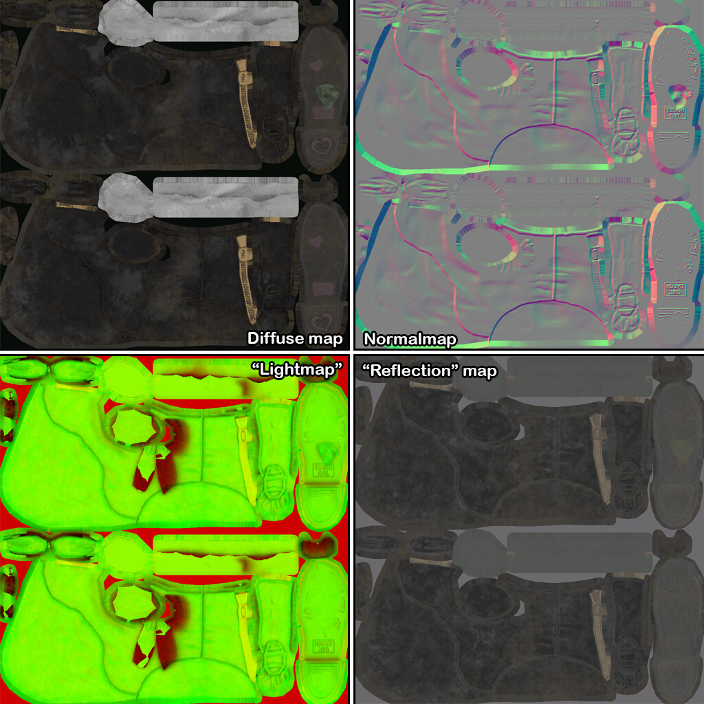 Dirty versions of the textures in FO76's format. Built off the clean version, with dirt, grime, and wear applied. (Reflection map = Specular, Lightmap Red channel = Gloss, Lightmap Green channel = AO).