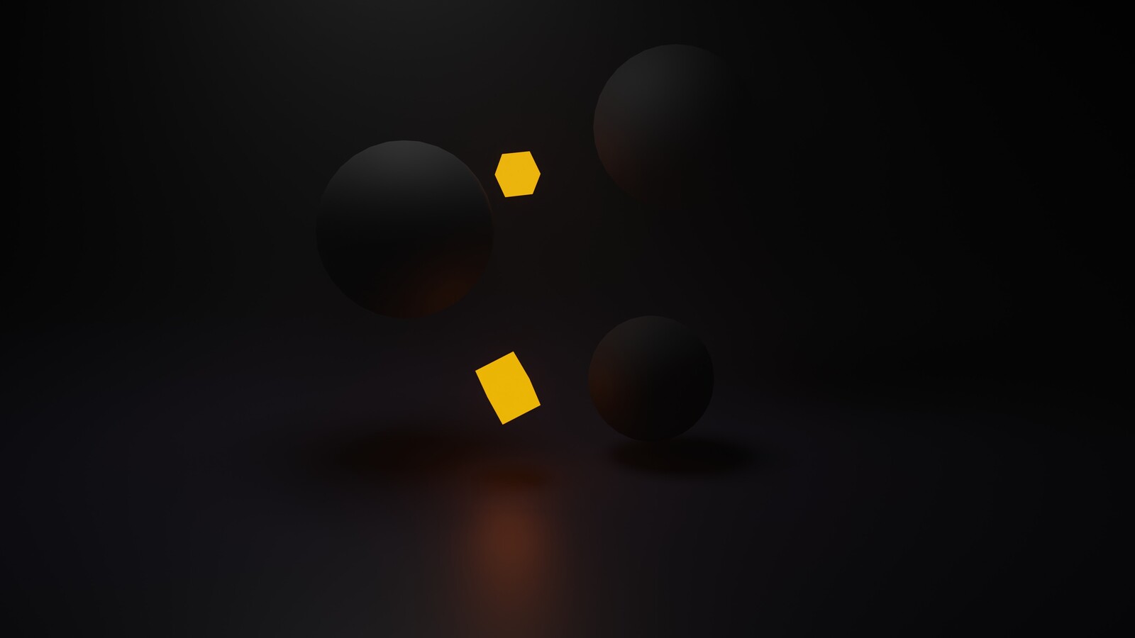 three 3D smooth Spheres floating in the air and two Yellow light emitting cubes.