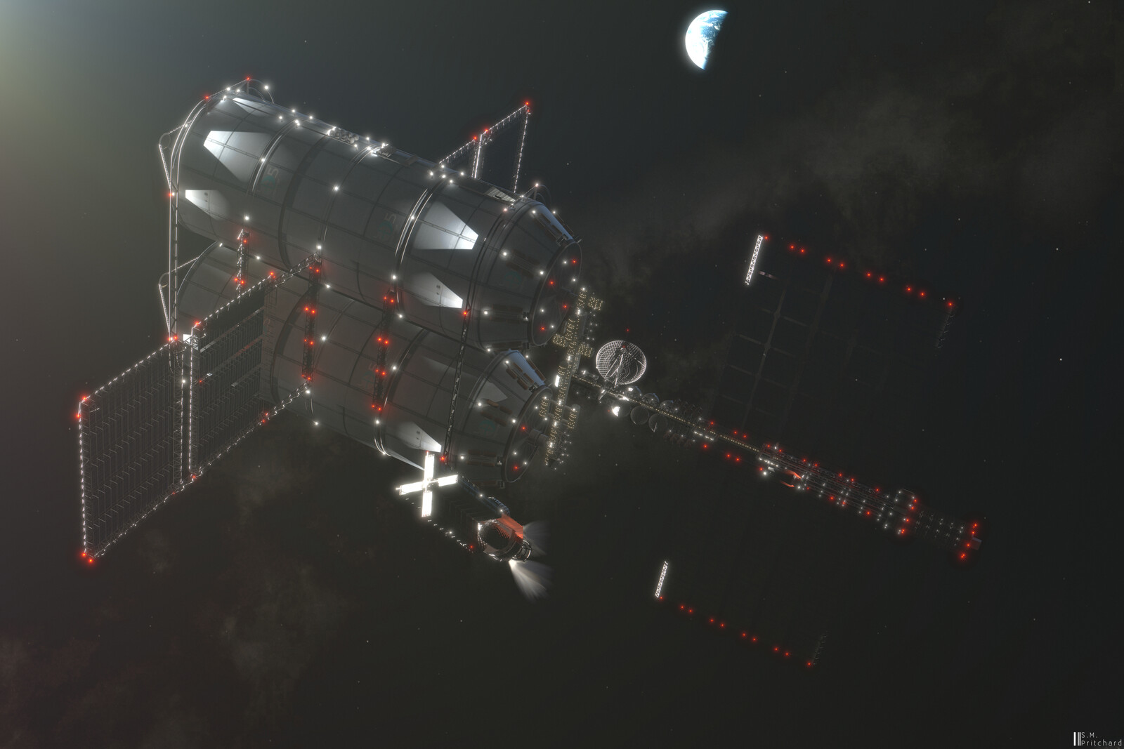 A cargo spacecraft slowly maneuvers itself towards a docking cradle along the massive spinal truss.