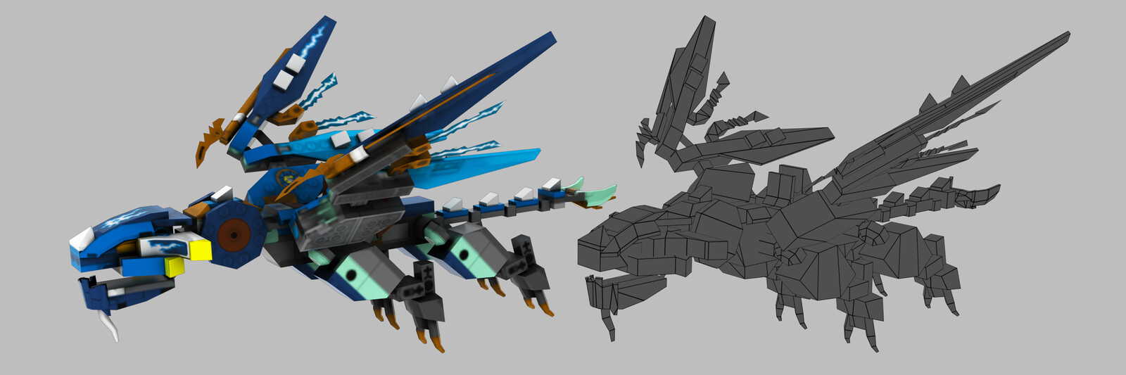 Lego Ninjago Jay's Dragon 70602
2529 tris, 1024 diffuse
This model flew in the background of Ninjago Skybound, a mobile platformer.