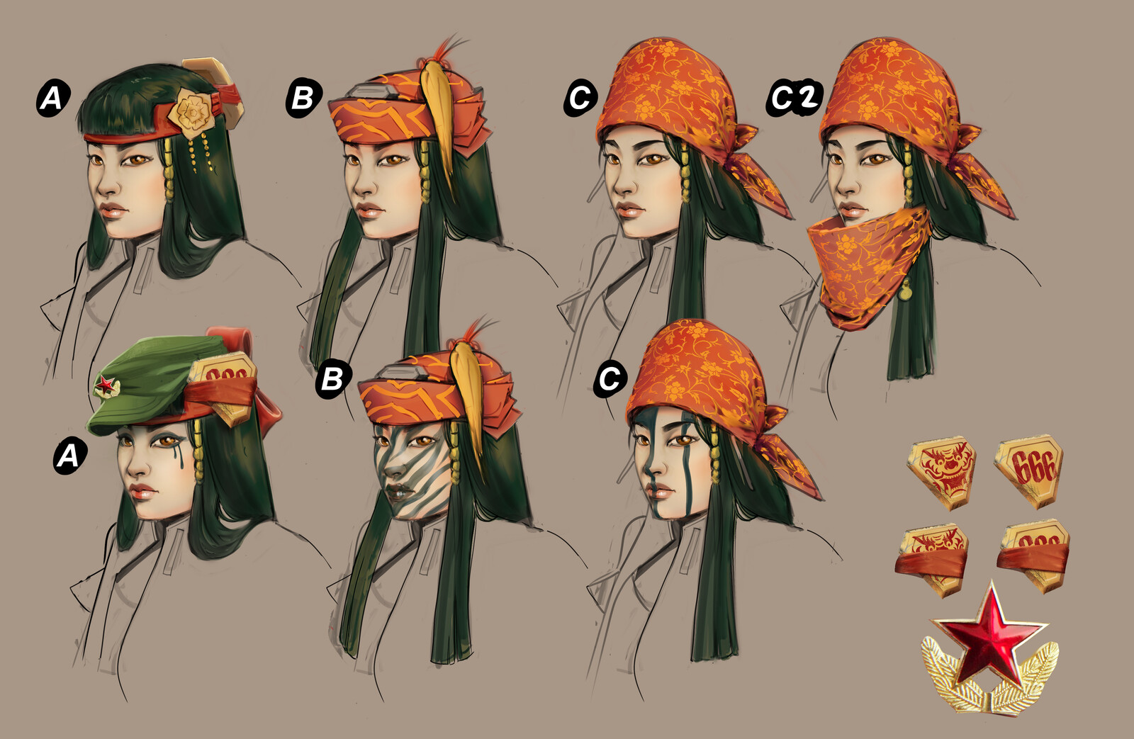 Some iterations for character's facial make up and headwear