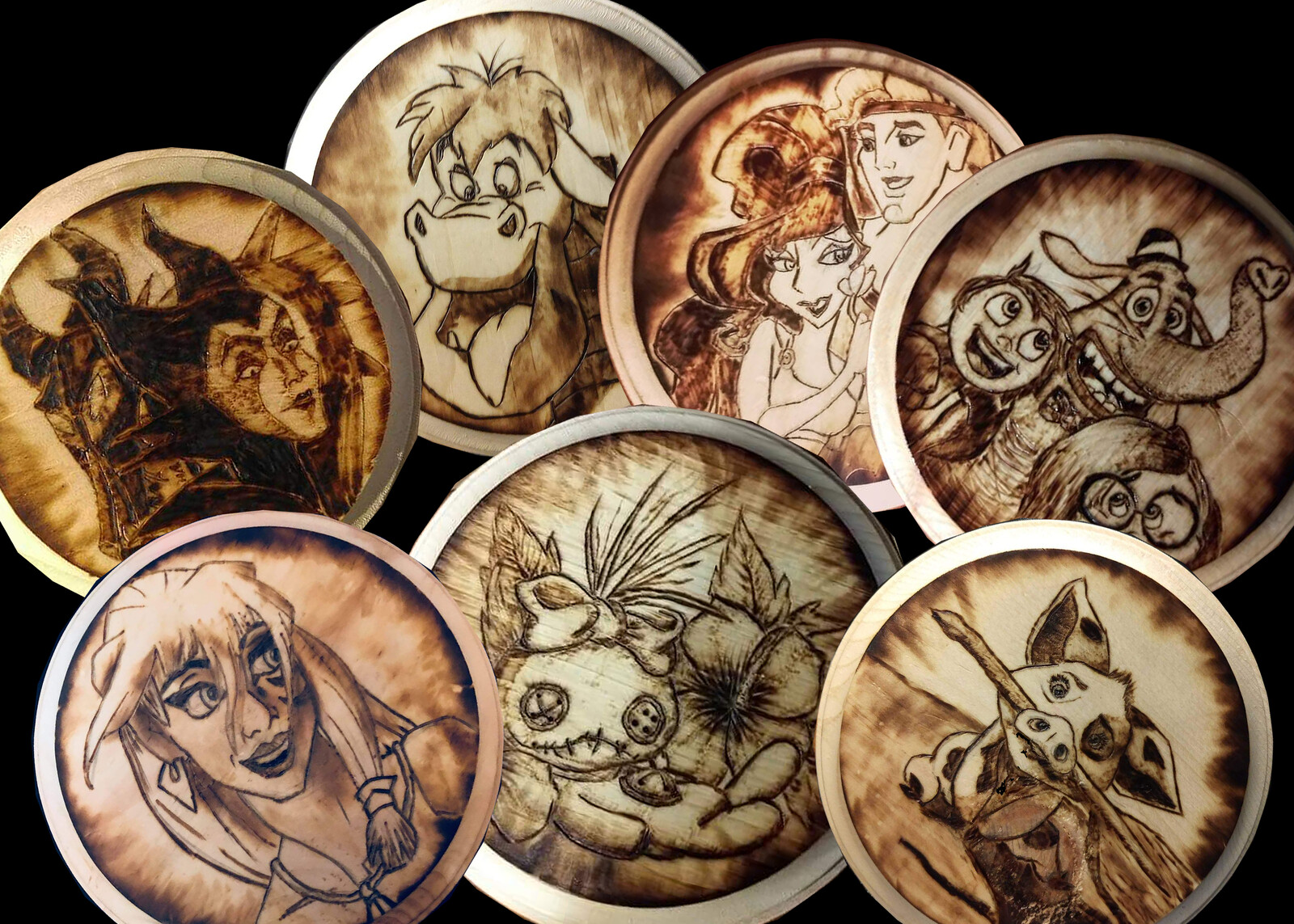 Disney Coaster set I was commissioned to create! 
From top left over: Maleficent, Pete's Dragon, Hercules and Meg, Bing Bong/Joy/Sadness, Kida, Scrump, and Pua! 