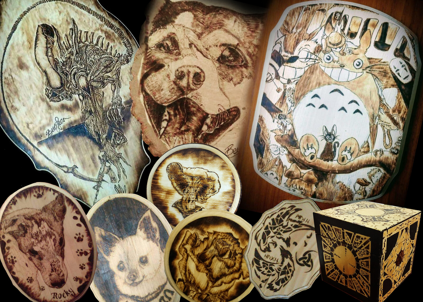 Some miscellaneous commissions! From top left: 
Alien, Someone's Dog, Totoro and friends collage, Another Dog named Rocky, a dog named Duncan, a mushroom, a rose, Hunin and Munin, and lastly Pinheads box from Hellraiser! 
