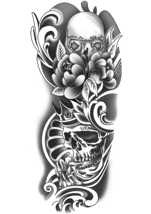 ArtStation - Black and white sketch for tattoo with skulls and flowers.